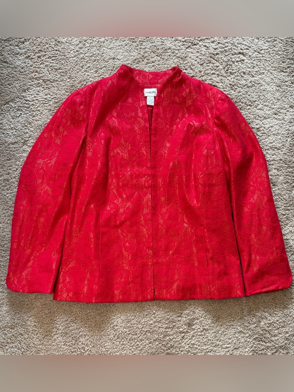 Chico's Red and Gold Textured Floral Blazer Jacket Women's Size 3